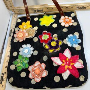 Women's Vintage Polka Dot Fabric Purse with Colorful Felt Flower Embellishments
